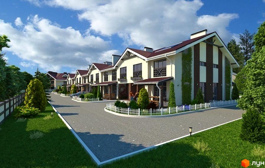 Таунхауси EcoVillage з червоними дахами, світлими фасадами та зеленими насадженнями навколо. Акуратна прибудинкова територія з доглянутими газонами та парканом.