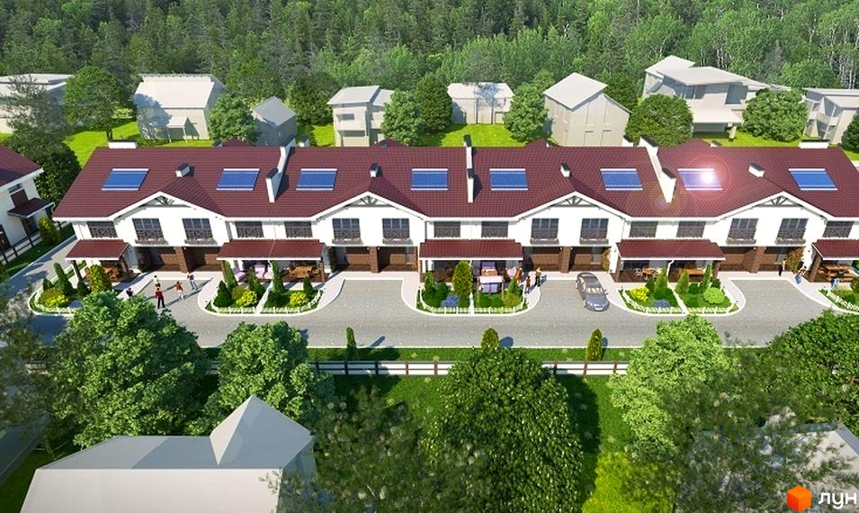 Зовнішній вигляд таунхаусів EcoVillage з червоними дахами та сонячними панелями. Прибудинкова територія з доглянутими газонами та деревами.