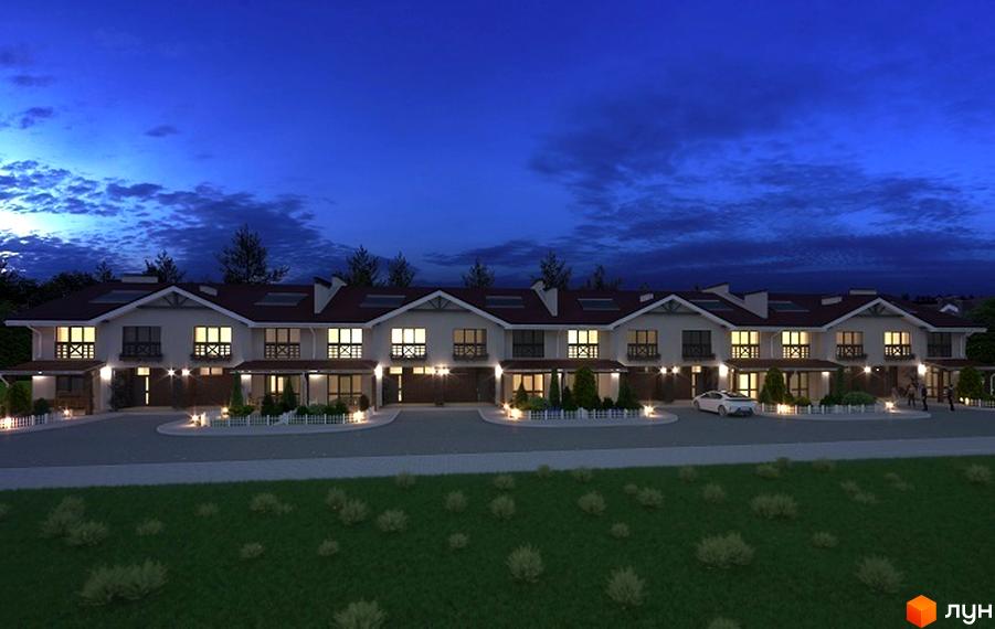 Таунхауси EcoVillage у вечірній час. Зовнішній вигляд будинків з підсвіченими вікнами та доглянутою прибудинковою територією з парканом та освітленням.