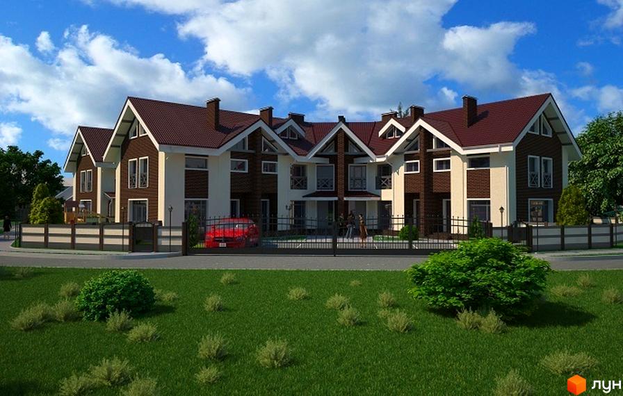 Таунхауси EcoVillage – це двоповерхові будинки з коричневими дахами та світлими фасадами, розташовані на зеленій ділянці з доглянутим газоном та кущами.