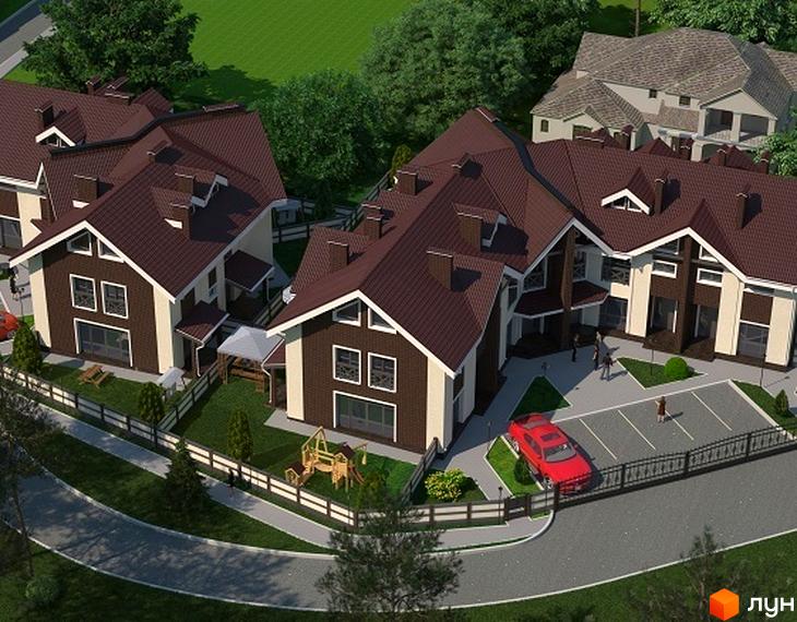 Зовнішній вигляд таунхаусів „EcoVillage“ з коричневими дахами та світлими стінами. На прибудинковій території розташовані парковка, дитячий майданчик та зелені насадження.