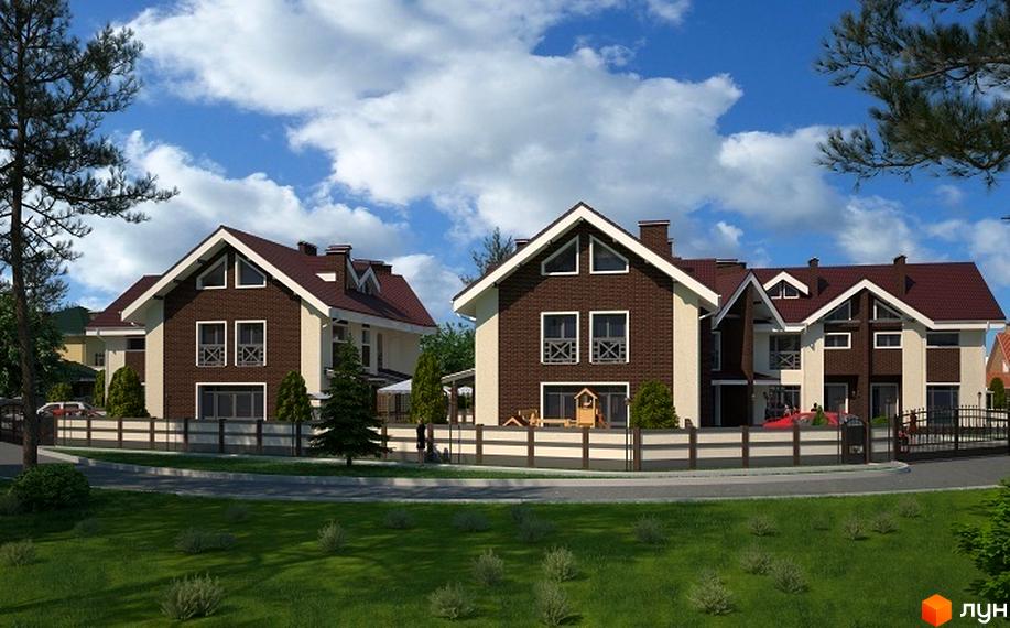 Зовнішній вигляд таунхаусів EcoVillage з коричневою цегляною обробкою та білими акцентами. На прибудинковій території зелений газон, дерева та паркан.