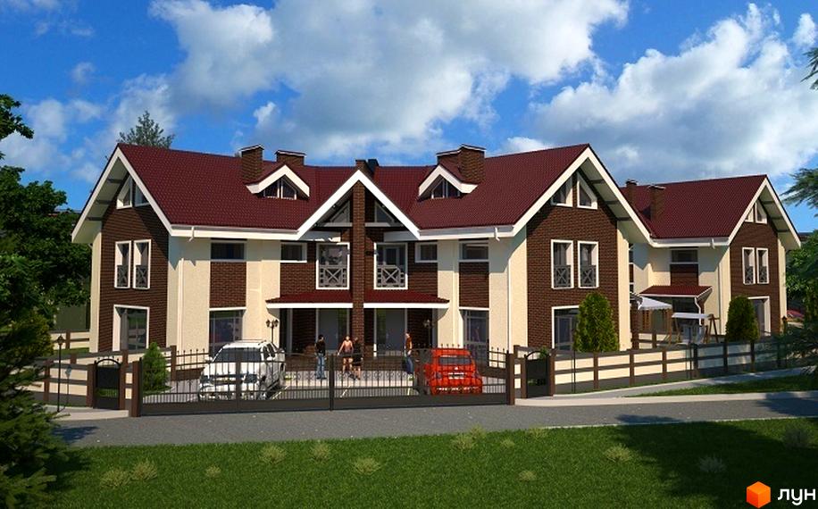 Будинок таунхаусів EcoVillage з червоним дахом та цегляним фасадом. Огороджена територія з автомобілями та зеленими насадженнями.