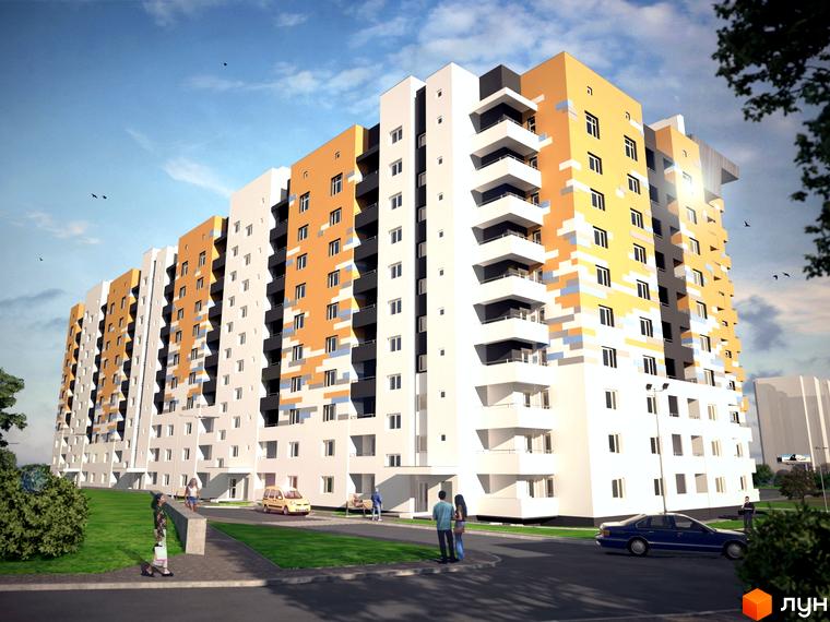 Зовнішній вигляд новобудови на вул. Під Голоском, 8, з яскравим фасадом та балконами. Прибудинкова територія з зеленими насадженнями та місцями для відпочинку.