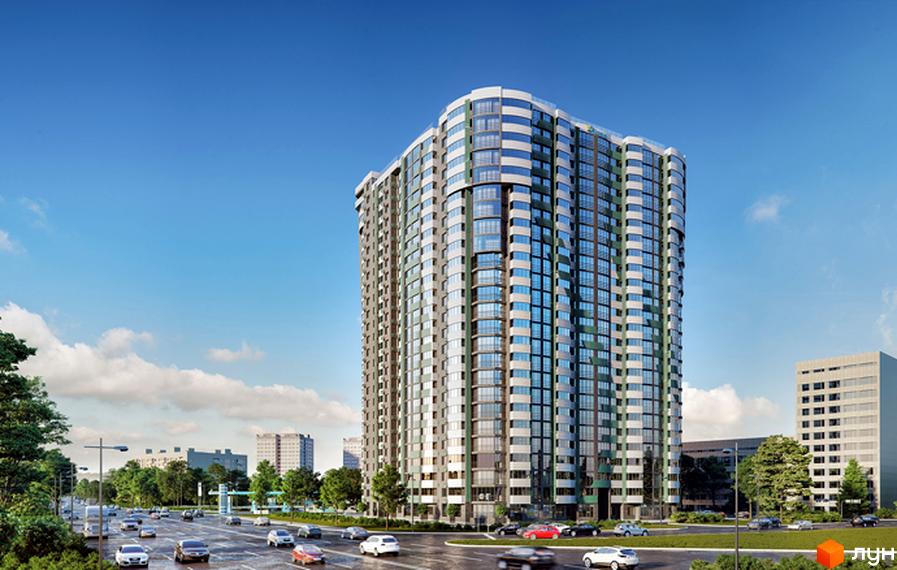 Зображення багатоповерхового будинку в Житловому комплексі FREEDOM. Навколо будівлі видно дорогу з автомобілями та зелені насадження.