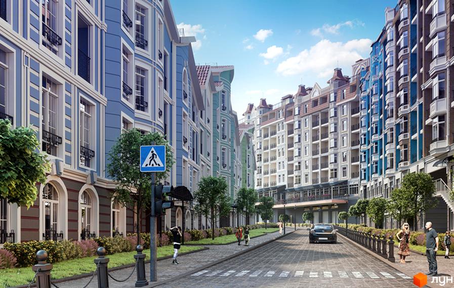 Житловий комплекс Подол Град. Фасади будинків у блакитних та бірюзових тонах з білими елементами, багато вікон та балконів. Перед будинками зелена зона та вулиця з пішохідним переходом.