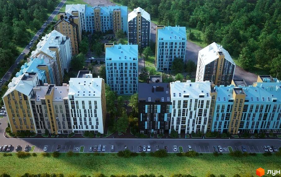 Новобудова ЖК LeoPol Town: сучасні багатоповерхові будинки з різнокольоровими фасадами та пласкими дахами. Прибудинкова територія з парковкою та зеленими зонами.