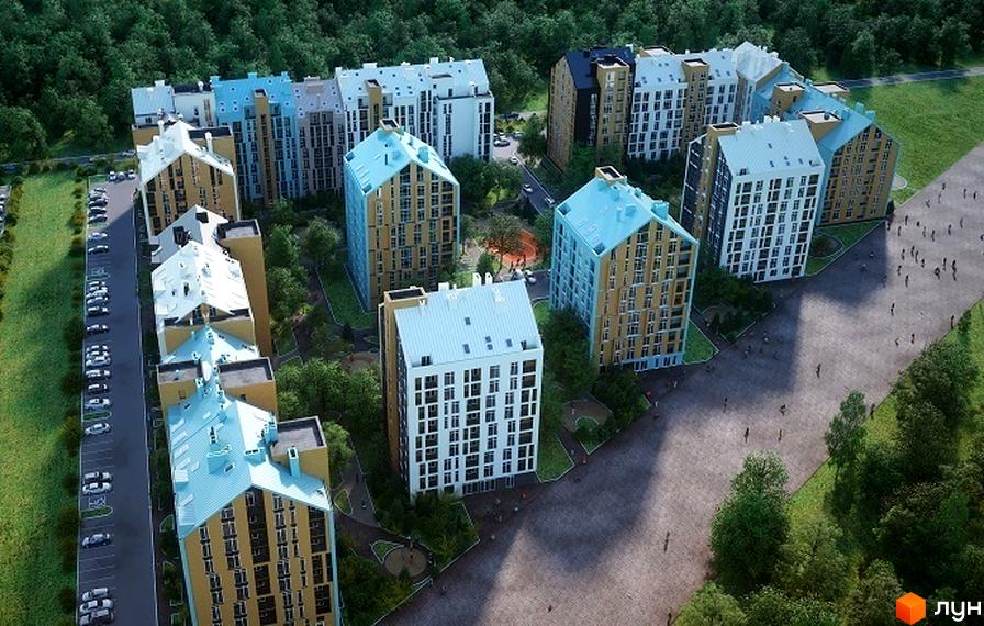 Житловий комплекс Леополь Таун: багатоповерхові будинки з блакитними та жовтими фасадами, біла будівля посередині, зелена територія з деревами та паркуванням.