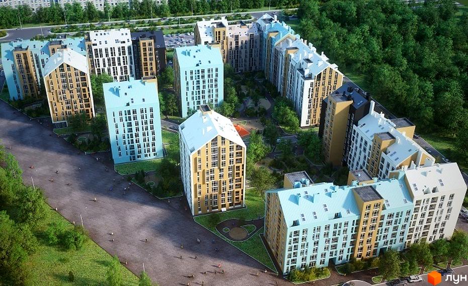 Житловий комплекс Леополь Таун: сучасна архітектура з блакитними та бежевими фасадами, розташований серед зелені та з доглянутою прибудинковою територією.