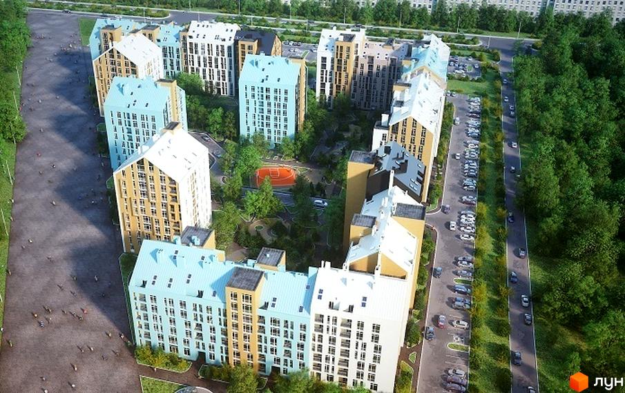 Житловий комплекс Леополь Таун - це сучасна забудова з різнокольоровими фасадами та доглянутою прибудинковою територією з дитячими майданчиками та зонами відпочинку.