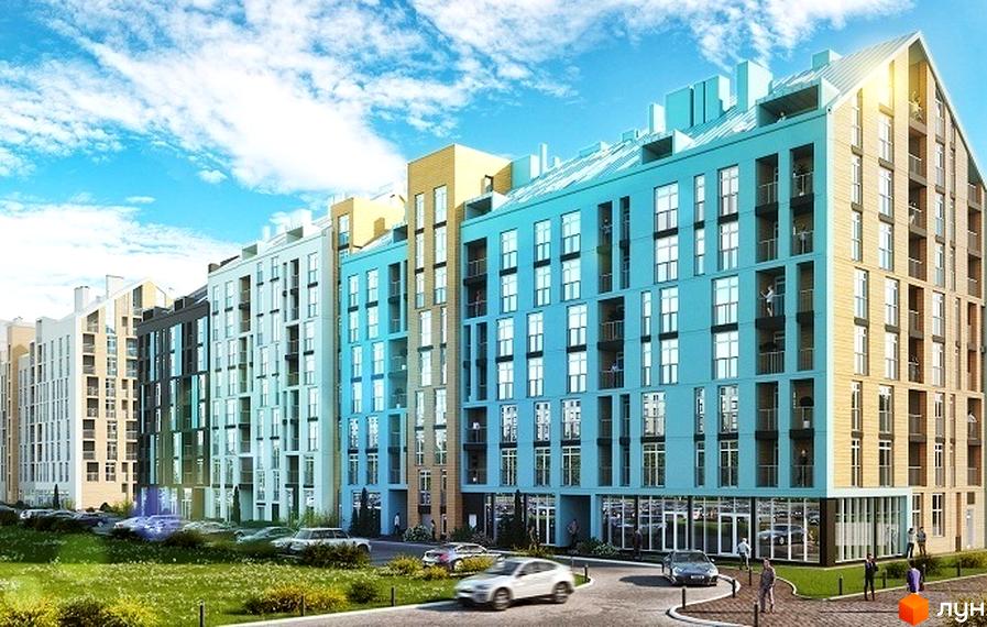 Новобудова Леополь Таун з яскравими фасадами та балконами. Перед будинком зелена галявина з доглянутими кущами та дорогою з автомобілями.