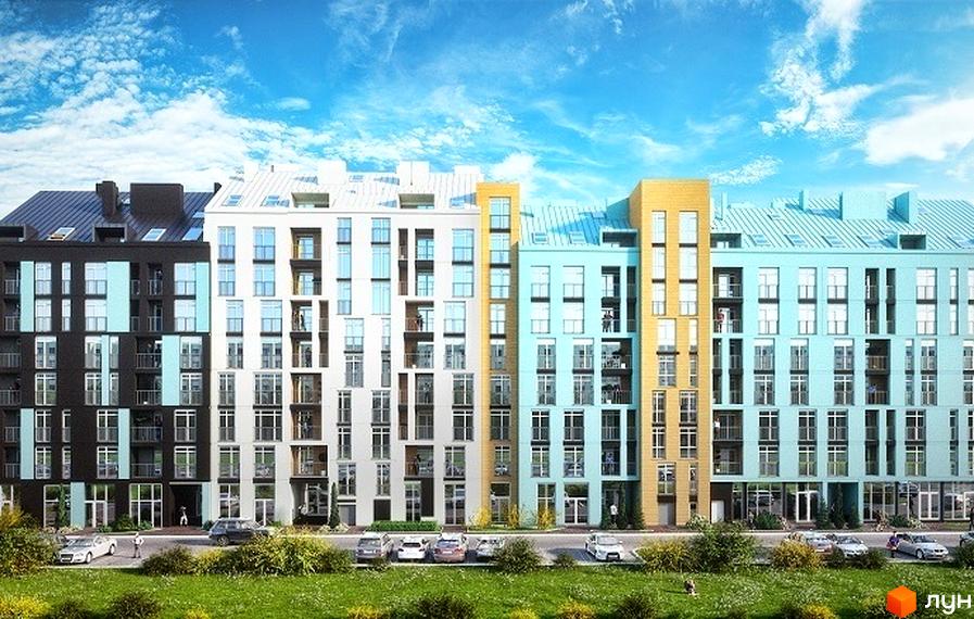 Новобудова ЖК Leoполь Town з різнокольоровими фасадами та великою кількістю вікон. Перед будинком зелена галявина з деревами та припаркованими автомобілями.