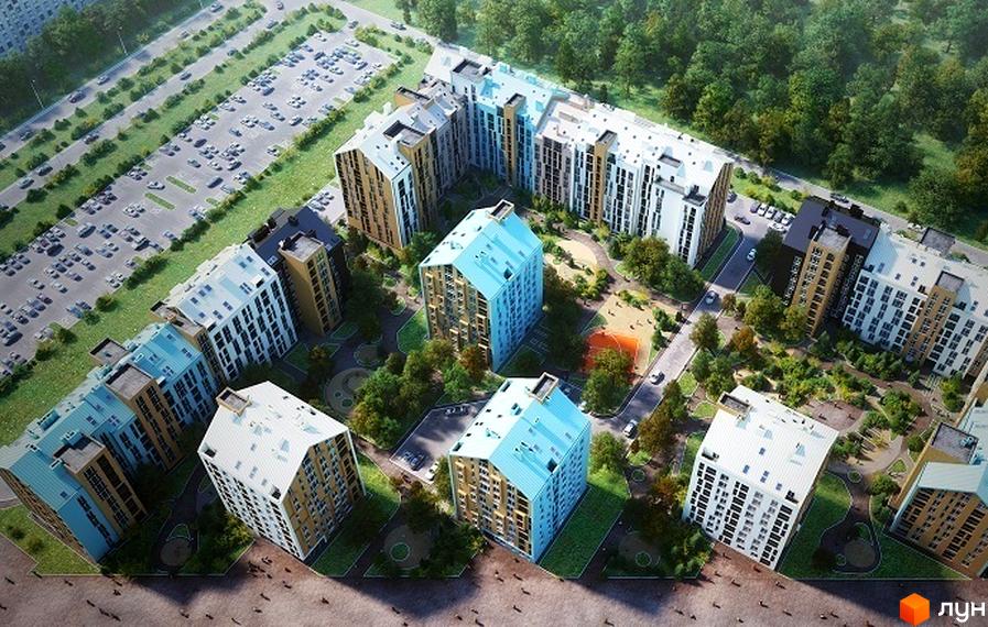Житловий комплекс Леополь Таун - це сучасна забудова з яскравими фасадами та блакитними дахами. На території комплексу є дитячі майданчики та зелені зони.