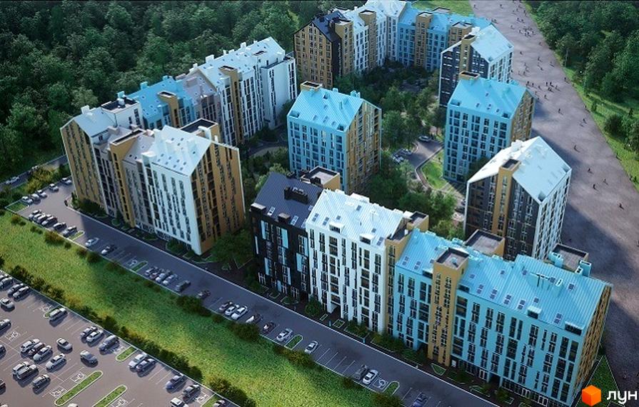 Будинки Житлового комплексу Леополь Таун мають різнокольорові фасади та похилі дахи. Територія облаштована парковками та зеленими насадженнями.