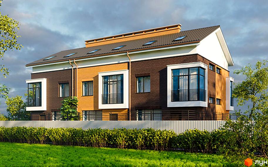 Таунхаус Едам: двоповерховий будинок з цегляним фасадом та великими вікнами. Навколо будинку зелений газон та кущі.