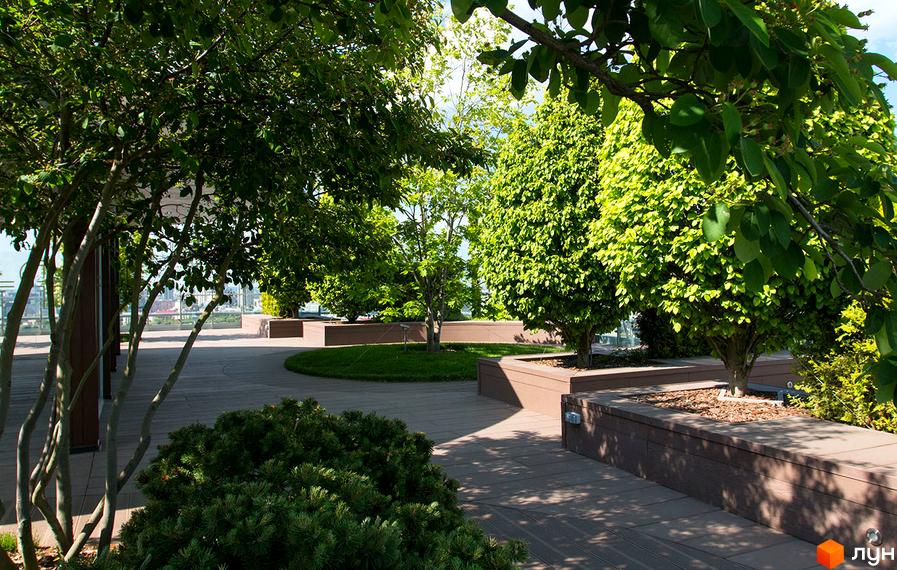 Тераса житлового комплексу Royal Tower з деревами та кущами. Зелена зона відпочинку на даху будинку з викладеною плиткою доріжкою.