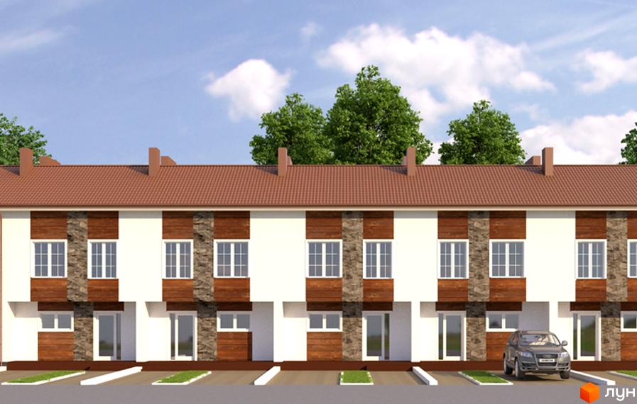 Котеджне містечко КМ Приозерна перлина: фасади будинків з дерев'яними та кам'яними елементами, вікна, двері, паркувальні місця та зелені насадження.