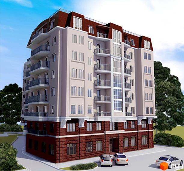 Зовнішній вигляд житлового комплексу на вул. Стрітенська, 18. Багатоповерховий будинок зі світлим фасадом, червоним дахом та балконами. На прибудинковій території видно дерева та автомобілі.