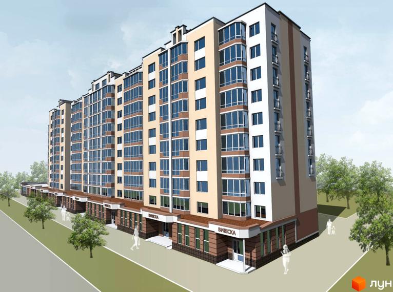 Зовнішній вигляд багатоквартирного будинку на вул. Василя Порика з комерційними приміщеннями на першому поверсі. Навколо будинку зелені насадження та пішохідні доріжки.