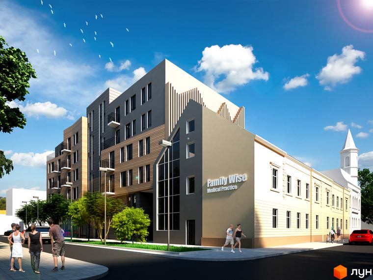 Зовнішній вигляд новобудови ЖК Бейкер Стріт. Доктор Ватсон. Навколо будівлі розташовані дерева та тротуар з пішоходами.