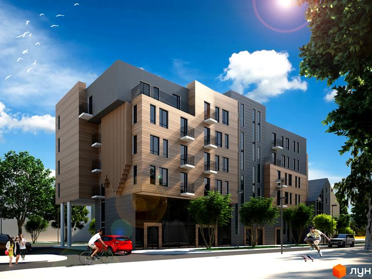 Житловий комплекс Бейкер Стріт. Зовнішній вигляд будинку з дерев'яними елементами та балконами. На прибудинковій території люди на велосипеді та скейтборді.