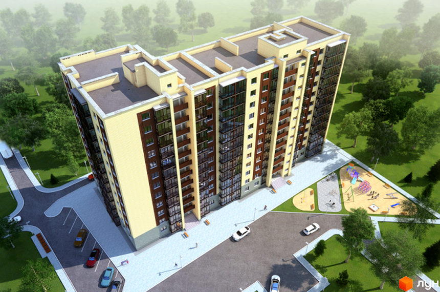 Зовнішній вигляд будинку ЖК Тріумф з великою кількістю вікон та балконів. На прибудинковій території розташований дитячий майданчик та місця для паркування автомобілів.