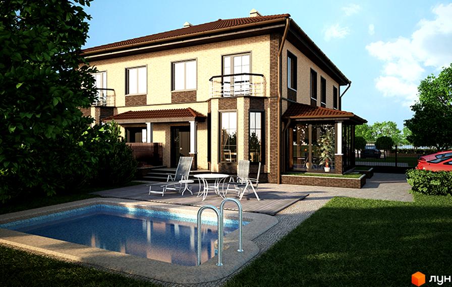 Котеджне містечко Соната: двоповерховий будинок з цегляним фасадом, балконом та терасою. На прибудинковій території розташований басейн та зона відпочинку.