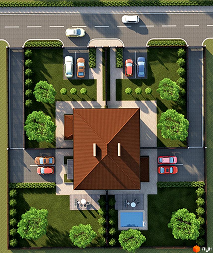 Котеджне містечко Соната: вид зверху на будинки з коричневими дахами та прибудинкову територію з басейном та зеленими насадженнями. Поруч дорога з автомобілями.