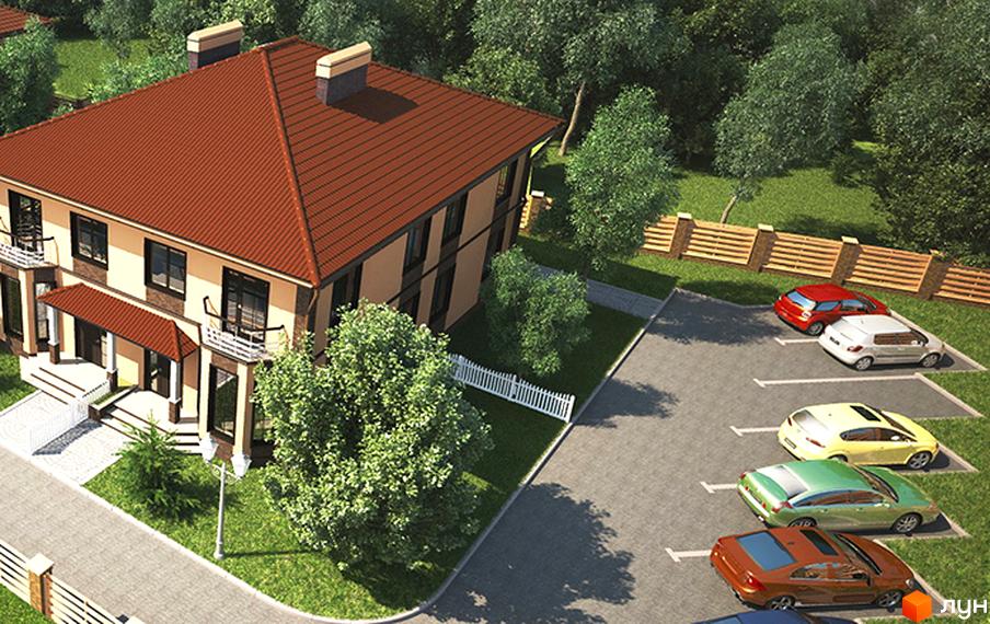 Котеджне містечко КМ Sonata: двоповерховий будинок з червоним дахом та парковкою з кількома автомобілями. Навколо будинку зелена трава та дерева.