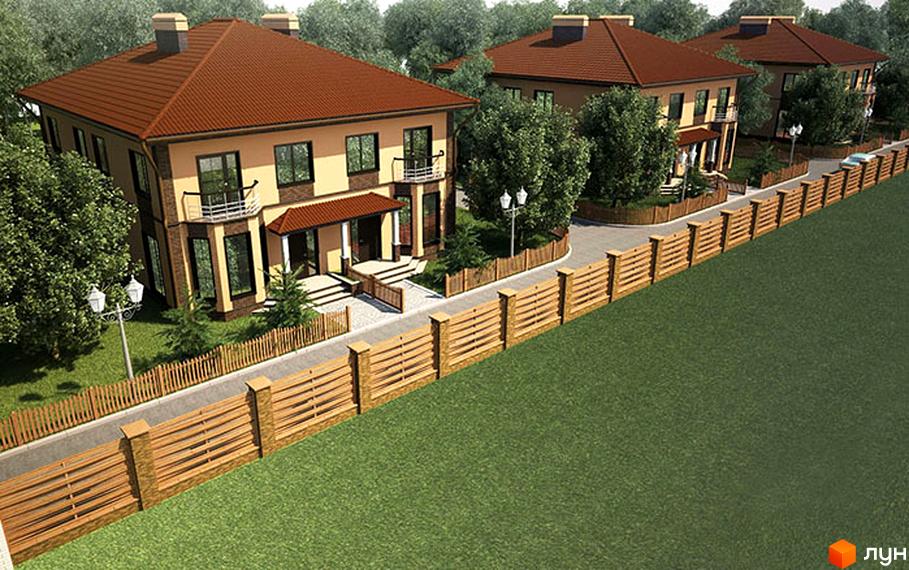 Котеджне містечко КМ Соната. Двоповерхові будинки з коричневим дахом, вікнами та балконами. Прибудинкова територія з парканом та зеленим газоном.