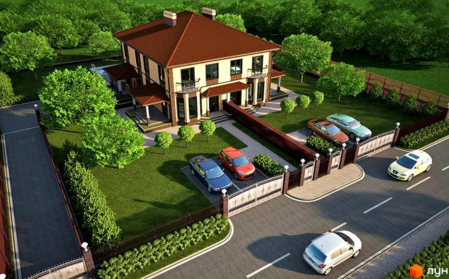 Котеджне містечко Соната: двоповерховий будинок з коричневим дахом, балконами та прибудинковою територією з зеленими деревами, газоном та автомобілями.