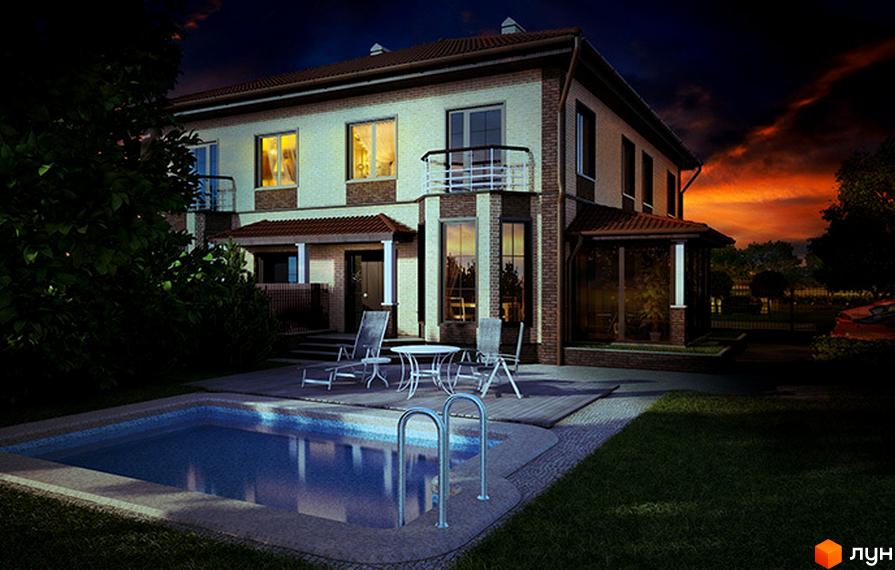 Котеджне містечко КМ Соната з басейном та зоною відпочинку. Двоповерховий будинок з цегляним оздобленням фасаду та великими вікнами.