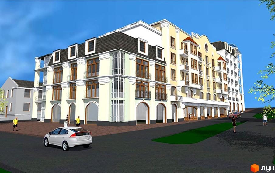 Зовнішній вигляд новобудови на вул. Пекарська, 65, 65а. На передньому плані білий автомобіль та зелена ділянка.