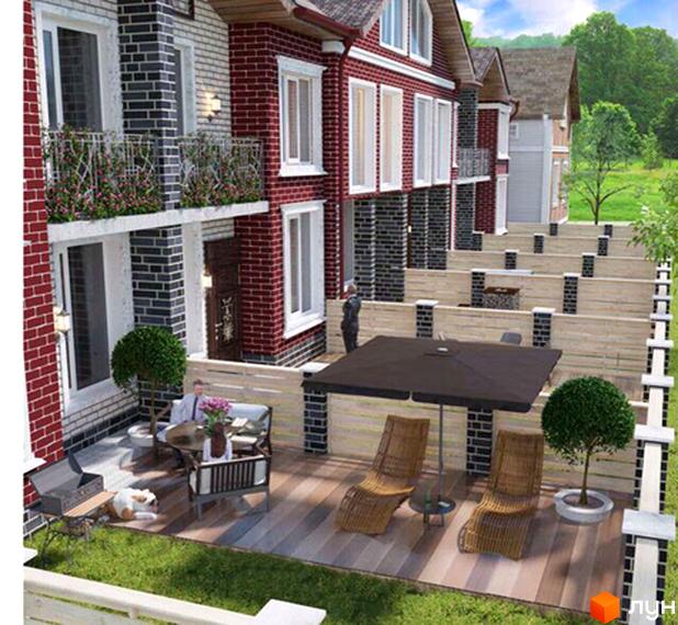 Таунхауси „Hotov Residence“ з цегляним оздобленням та індивідуальними терасами. Прибудинкова територія з дерев'яним настилом, вуличними меблями та зеленими насадженнями.