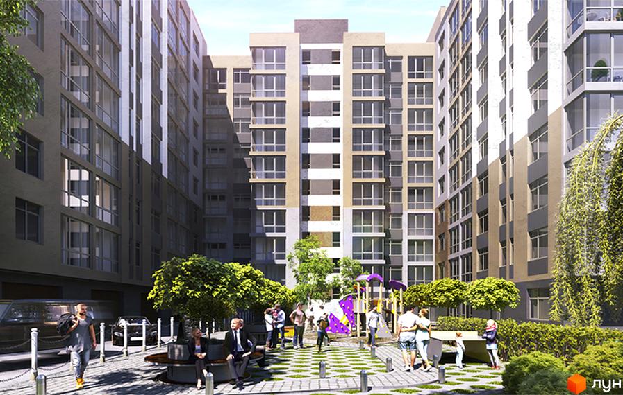 Житловий комплекс IL Patio: високі будівлі з великою кількістю вікон та облаштований внутрішній двір з дитячим майданчиком та зонами відпочинку.