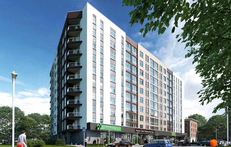 Новобудова ЖК IL Patio з біло-коричневим фасадом та балконами. На першому поверсі розташовані комерційні приміщення. Навколо будинку зелена зона та дерева.