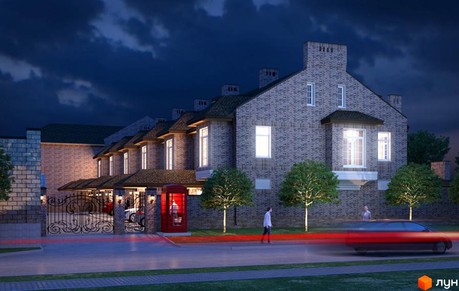 Таунхаус Барвіста у вечірньому освітленні. Цегляні фасади, вікна з підсвіткою, зелені насадження та червона телефонна будка біля в'їзду.