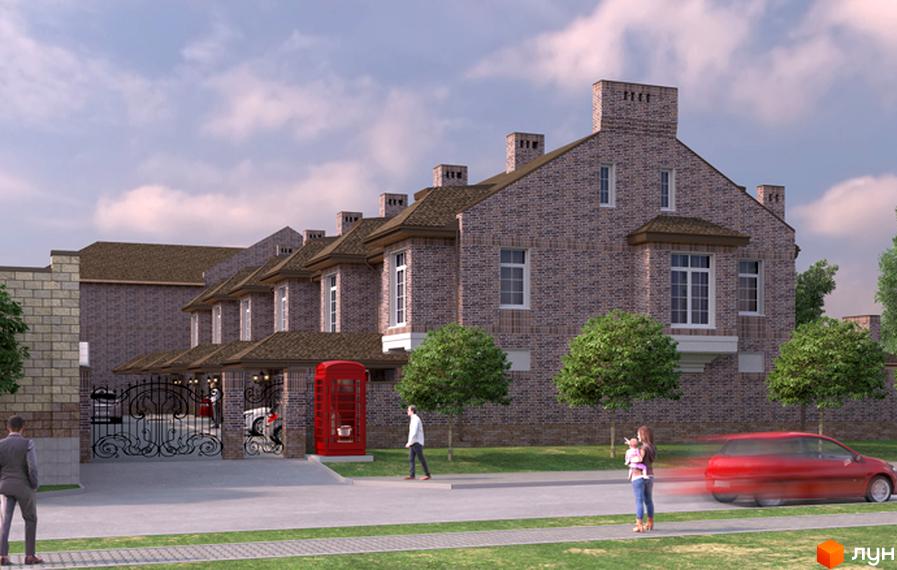 Зовнішній вигляд таунхаусів Барвіста з цегляним фасадом та класичними вікнами. Прибудинкова територія з кованими воротами та червоною телефонною будкою.