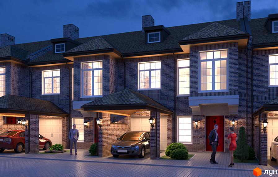 Таунхаус Барвіста: двоповерхові цегляні будинки з гаражами та парковками, освітленням фасаду та прибудинковою територією з кущами. Зовнішній вигляд новобудови ввечері.
