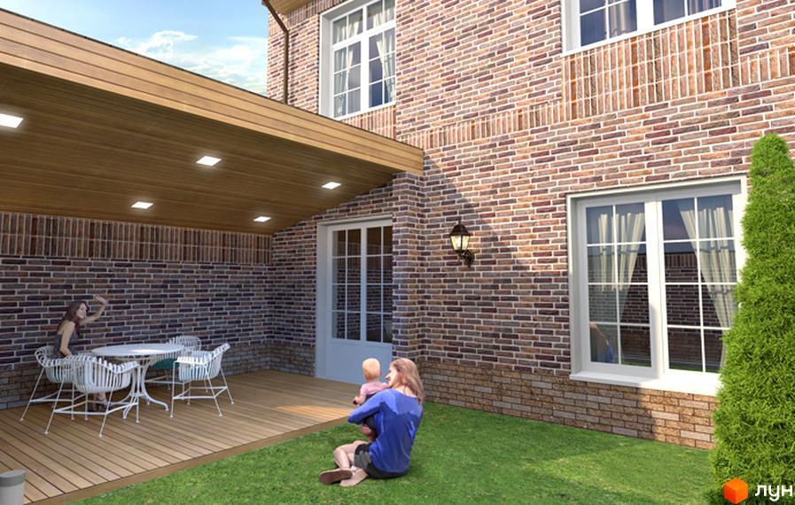 Таунхаус Барвіста з цегляним фасадом та дерев'яною терасою. На прибудинковій території зелений газон та зона відпочинку з меблями.