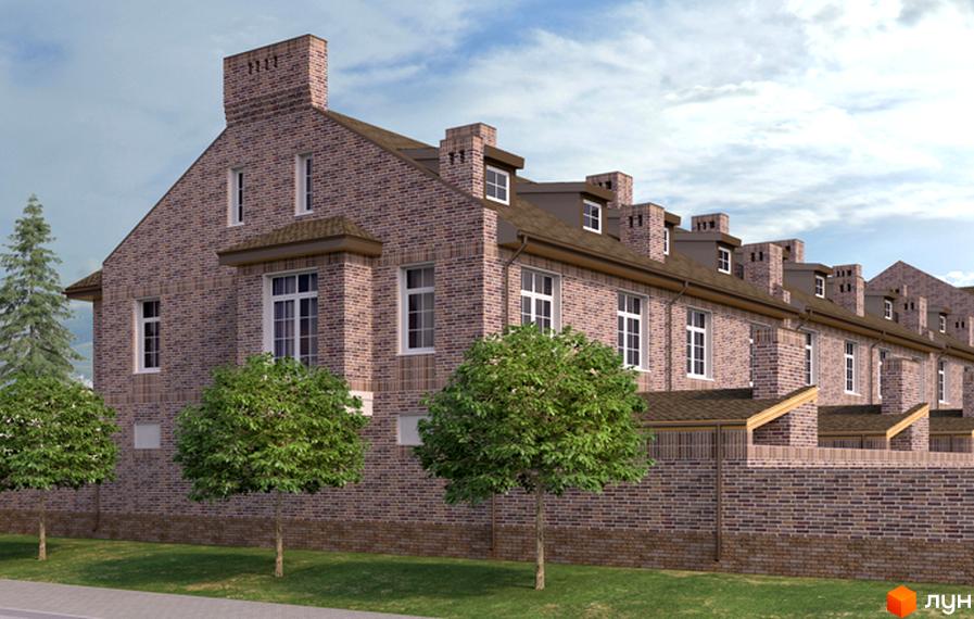 Таунхаус Барвіста - цегляні будинки з великими вікнами та черепичними дахами. Навколо будівель зелені дерева та доглянутий газон.