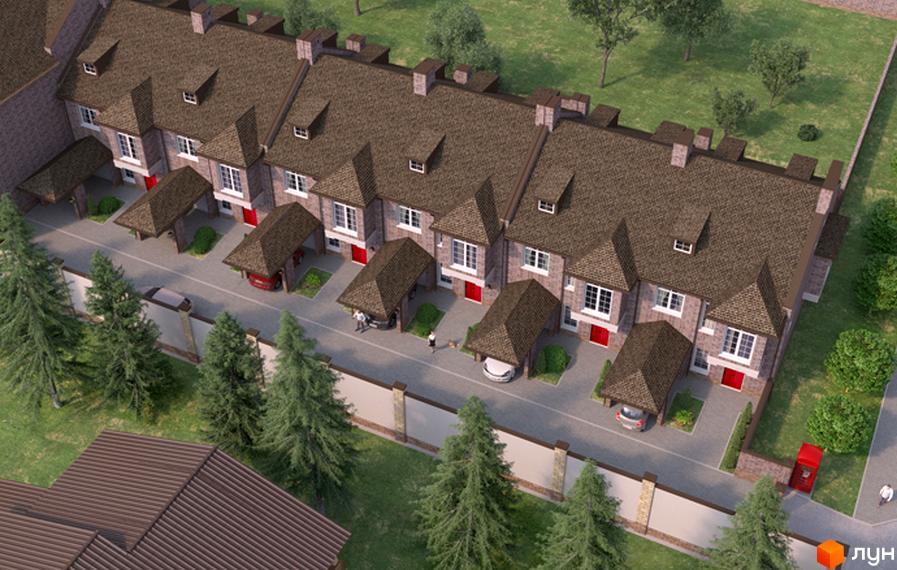 Таунхаус Барвіста: затишні будинки з індивідуальними навісами для авто та доглянутою прибудинковою територією з деревами та парканом.