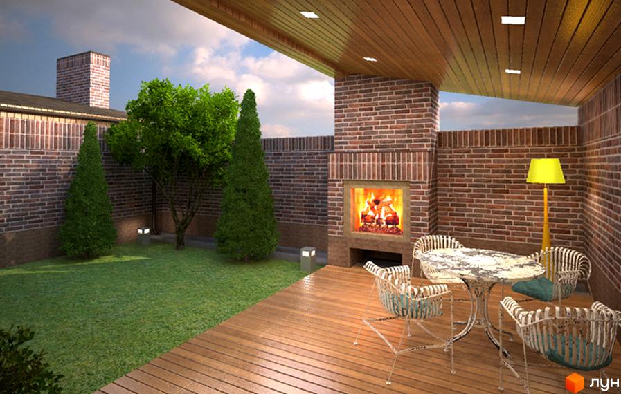 Таунхаус Барвіста: затишна тераса з каміном, столом та стільцями, зелений газон та дерева. Зовнішній вигляд будинку з цегляною кладкою та дерев'яною стелею.