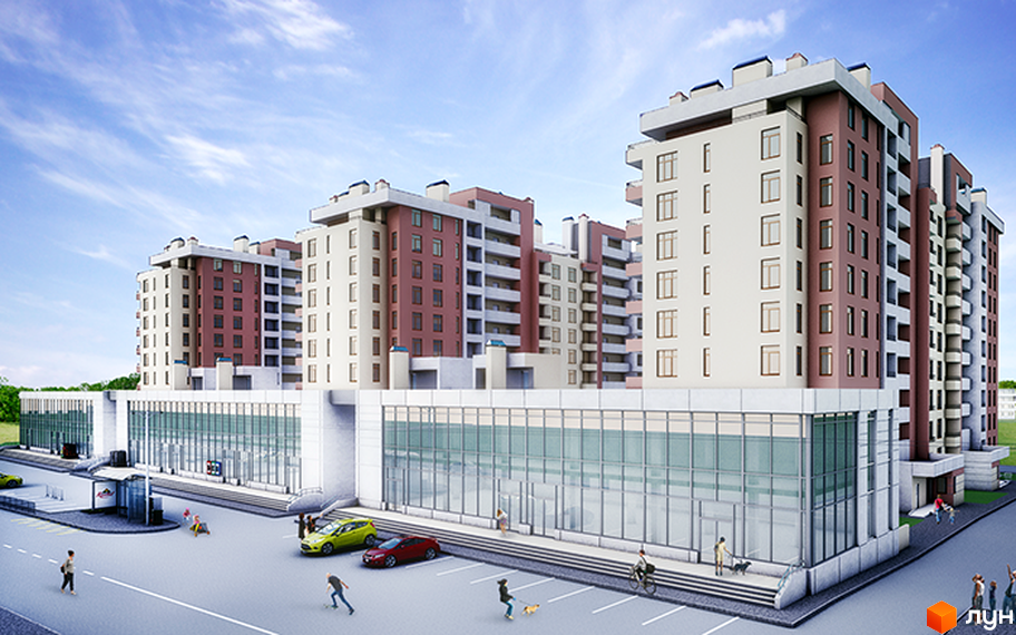 Зовнішній вигляд житлового комплексу Реситаль: багатоповерхові будинки з фасадами світлих та рожевих відтінків, скляний перший поверх. Прибудинкова територія з дорогою, автомобілями та пішоходами.