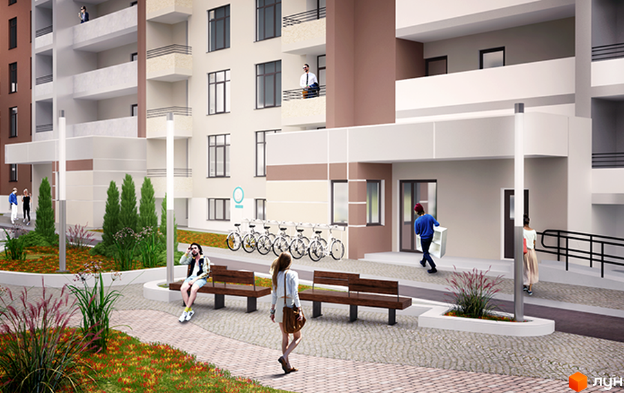 Зовнішній вигляд новобудови ЖК Реситаль з балконами та вікнами. Прибудинкова територія з лавками, деревами та велосипедами.