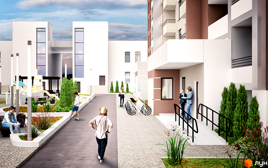 Новобудова ЖК Реситаль з білими фасадами та коричневими елементами. Прибудинкова територія з дитячим майданчиком, зонами відпочинку та озелененням.