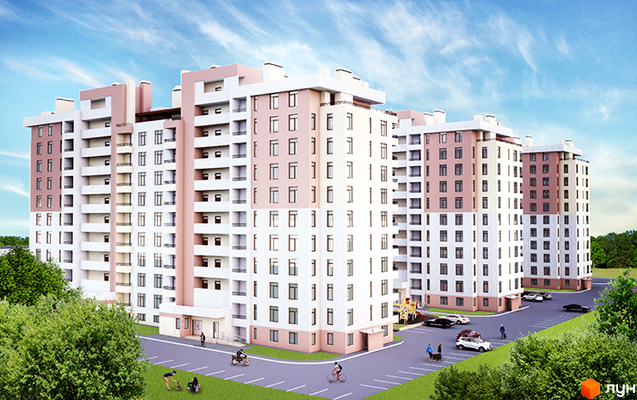 Житловий комплекс Реситаль з біло-рожевими фасадами та численними балконами. Навколо новобудови розташовані дитячий майданчик, дороги та зелені насадження.