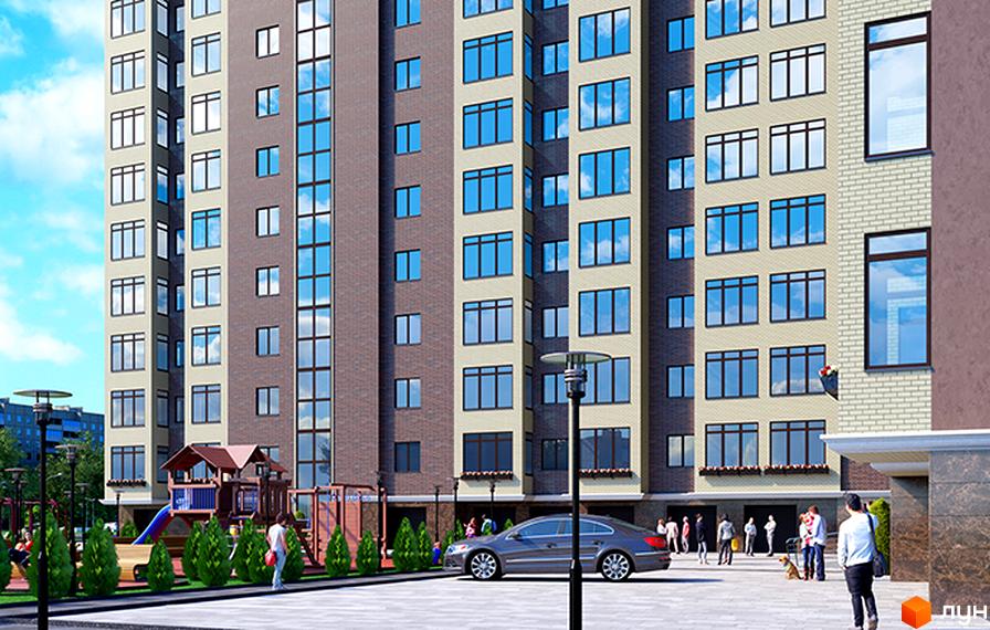 Житловий комплекс SokolovSky. Зовнішній вигляд багатоповерхових будинків з цегляним оздобленням фасаду та великими вікнами. Прибудинкова територія з дитячим майданчиком та місцями для відпочинку.