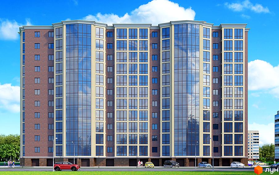 Зовнішній вигляд новобудови ЖК SokolovSky з цегляним фасадом та великими панорамними вікнами. На прибудинковій території розташовані дерева та автомобілі.