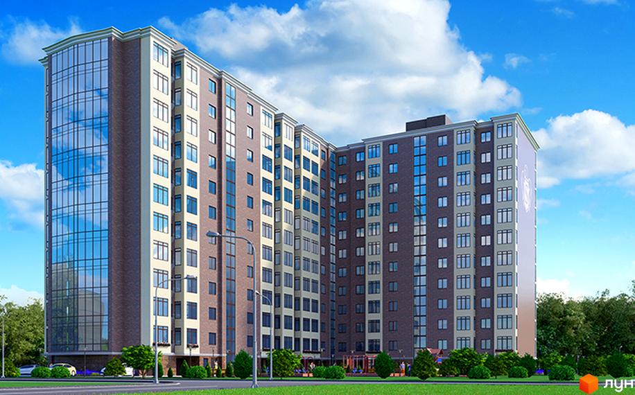 Житловий комплекс SokolovSky - це багатоповерхова новобудова з панорамним склінням та цегляним фасадом. Територія навколо будинку озеленена деревами та кущами.